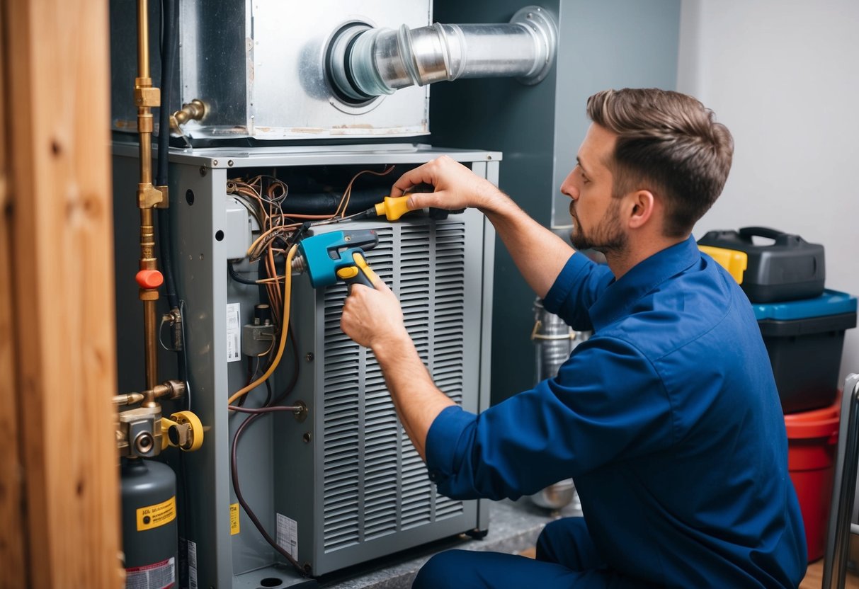 A technician adjusting and cleaning the central AC unit with tools and equipment in a well-lit, clutter-free mechanical room