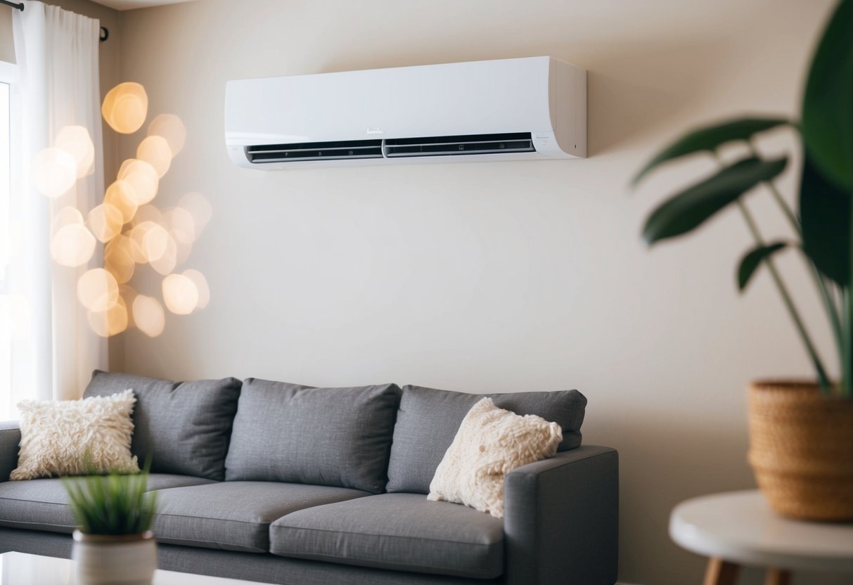 A cozy living room with a ductless mini-split system mounted high on the wall, providing efficient heating and cooling