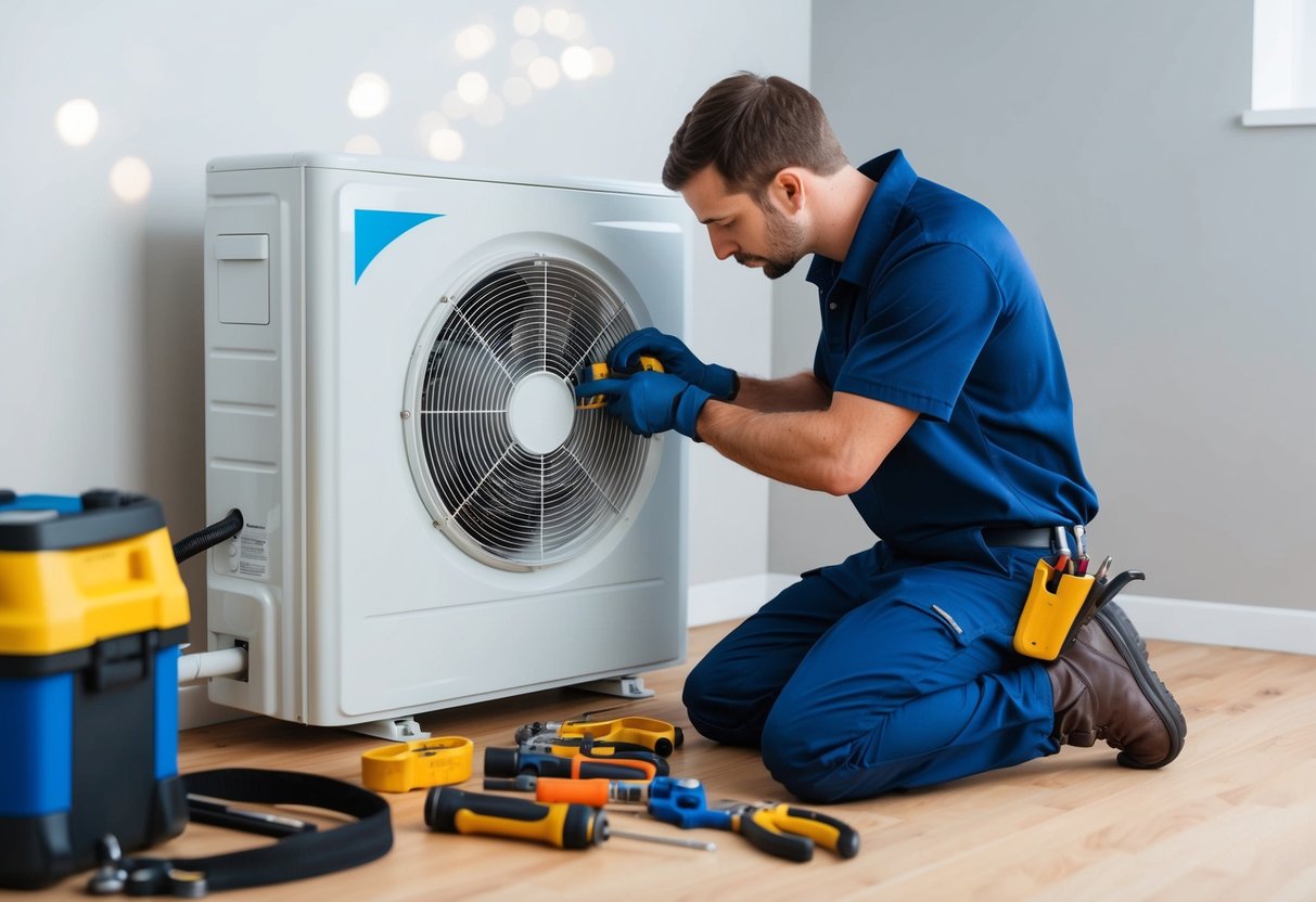 A technician repairing a ductless mini-split system with tools and equipment scattered around