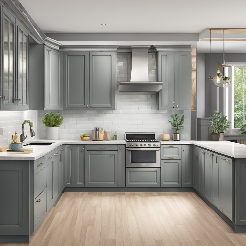 A kitchen with modern stainless steel cabinet handles