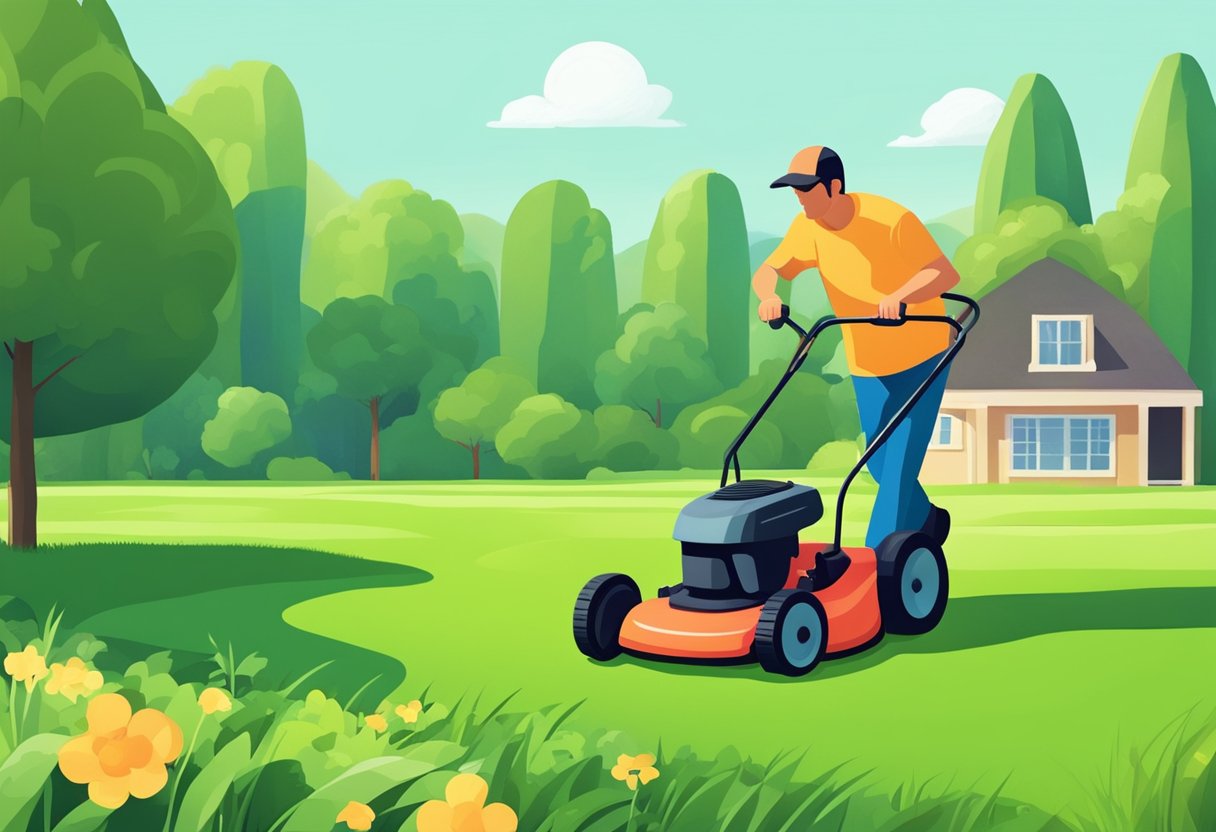 En person, der klipper en frodig, grøn græsplæne med en skubbeplæneklipper på en solrig dag