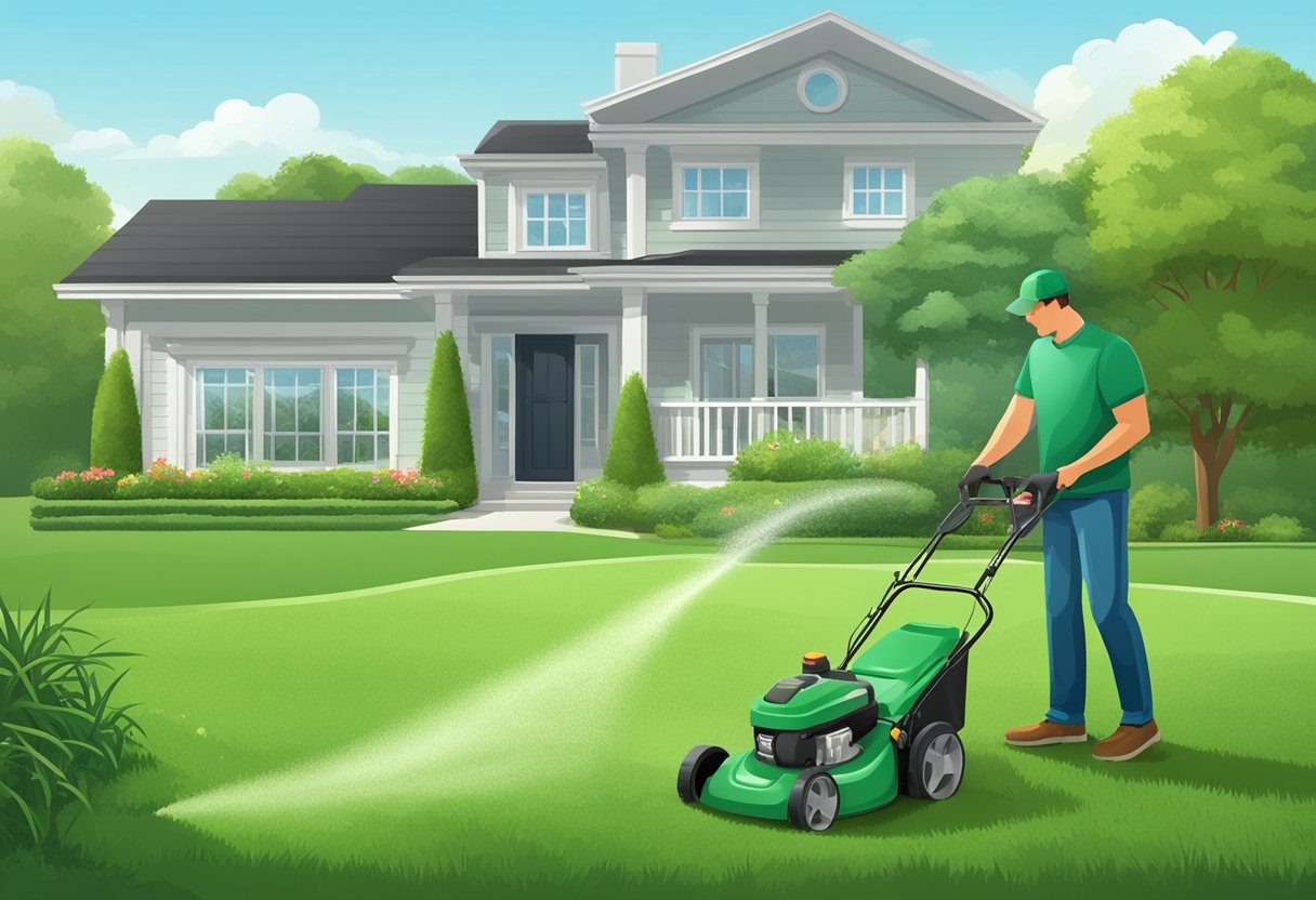 En frodig grøn græsplæne med en pænt trimmet kant, et sprinklersystem der vander græsset, og en person der bruger en plæneklipper til at klippe græsset til den rette højde