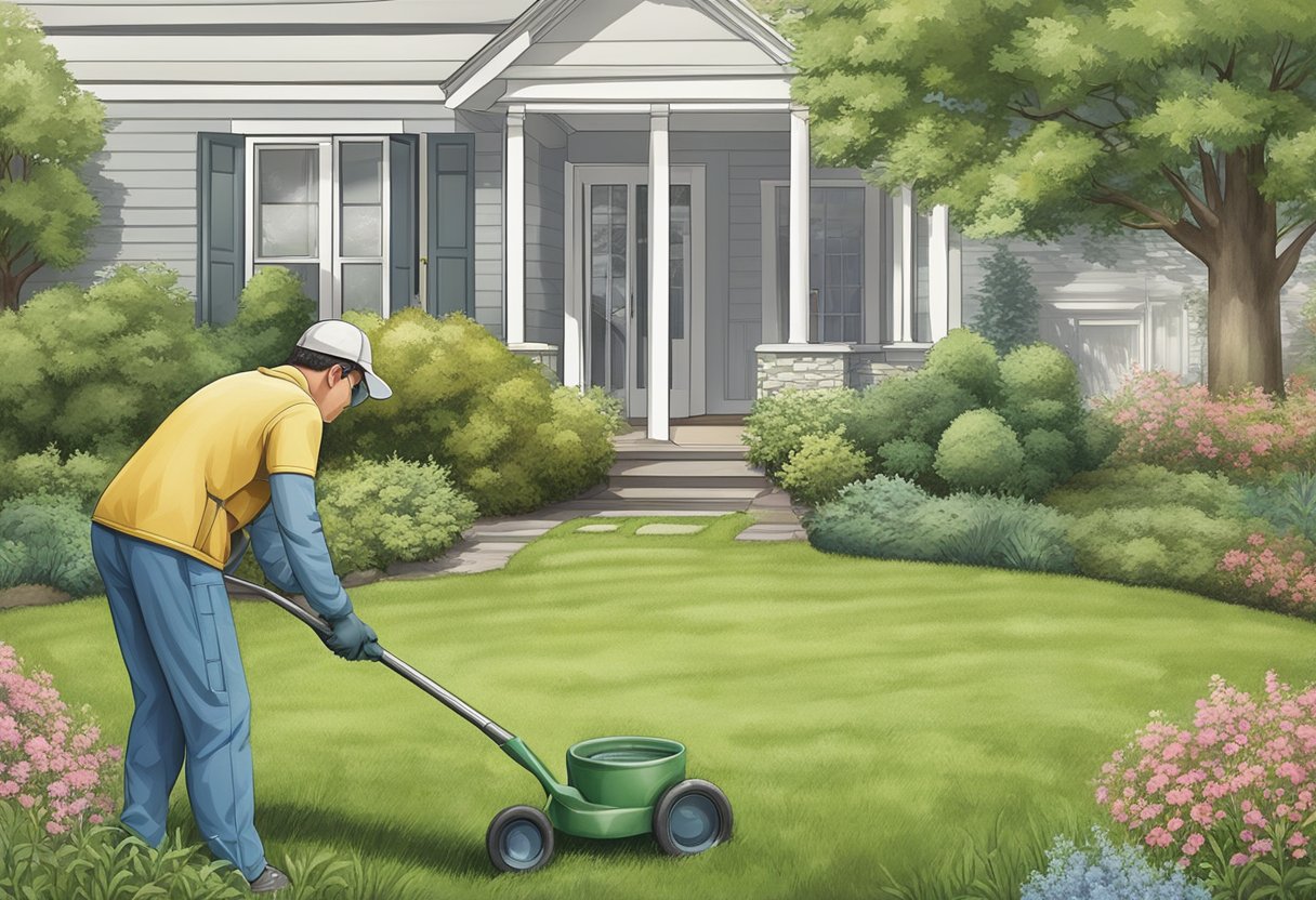 En person, der bruger havearbejdsværktøj til at inspicere og behandle en græsplæne for ukrudt, skadedyr og sygdomme