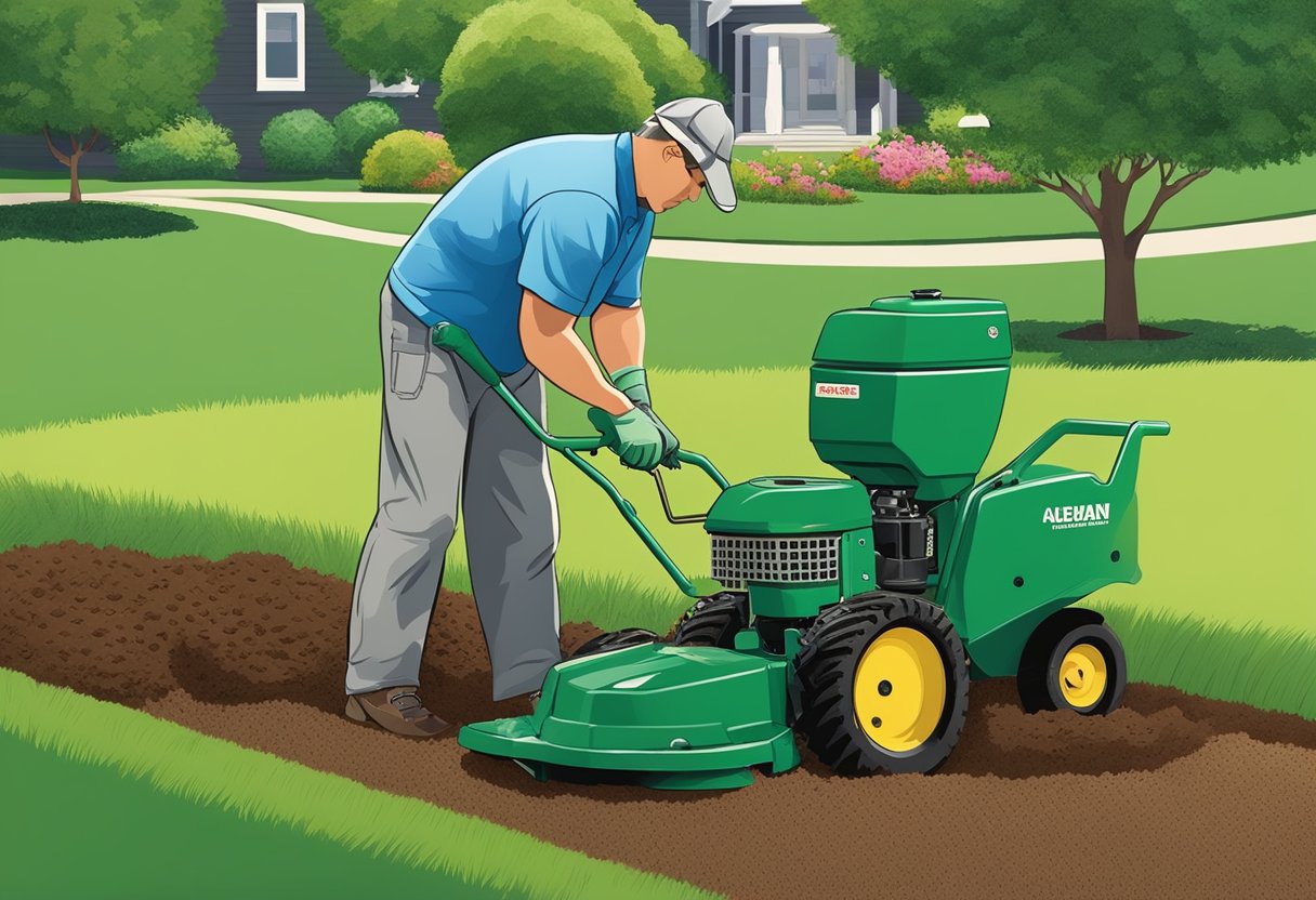 En person i havehandsker spreder topdressing på en frodig grøn græsplæne, mens en anden bruger en maskine til at belufte jorden, hvilket skaber en scene af græsplænevedligeholdelse.