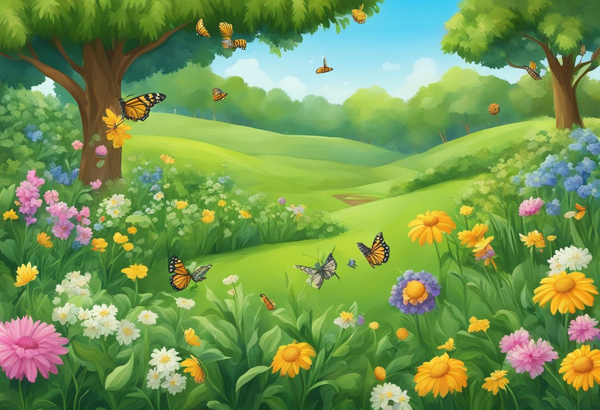 En frodig grøn græsplæne omgivet af en række blomstrende blomster og planter, med sommerfugle og bier, der svæver rundt og viser et mangfoldigt og blomstrende økosystem