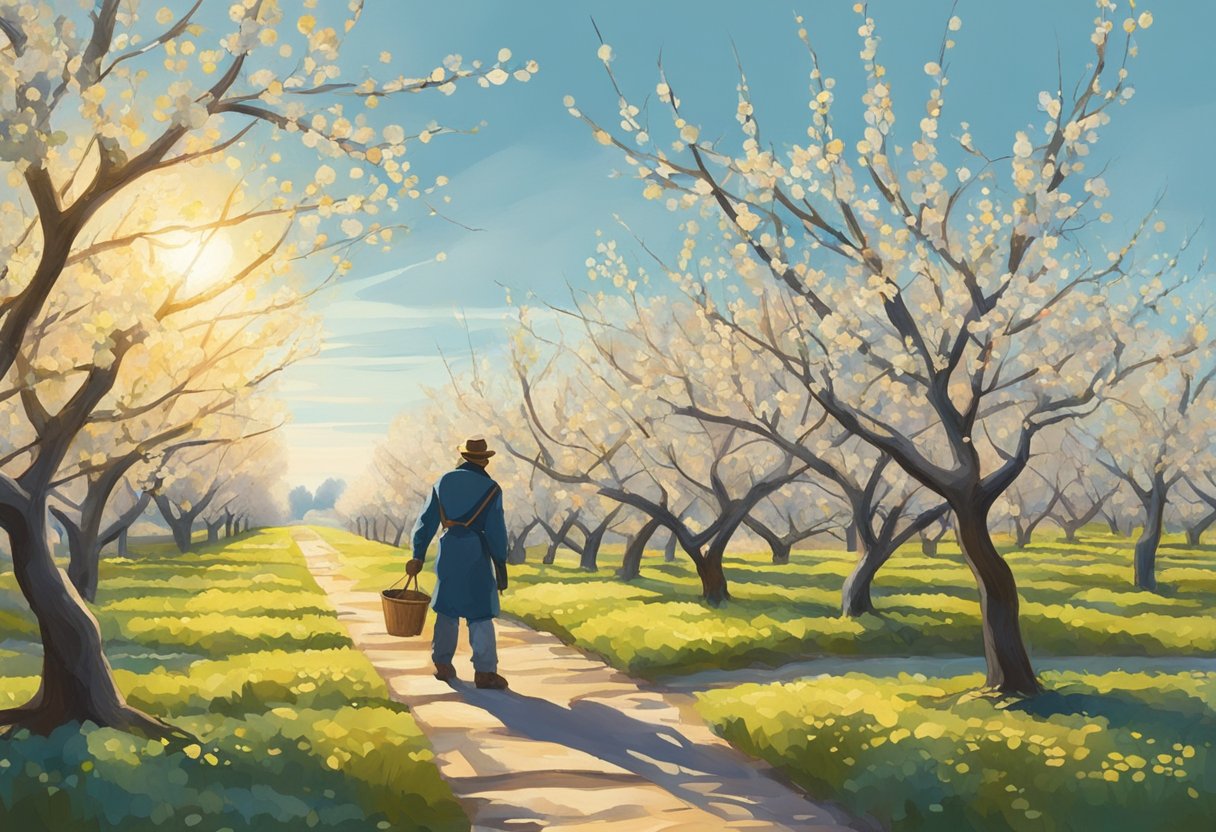 En solrig frugtplantage med nøgne frugttræer, der beskæres af en skikkelse i det fjerne