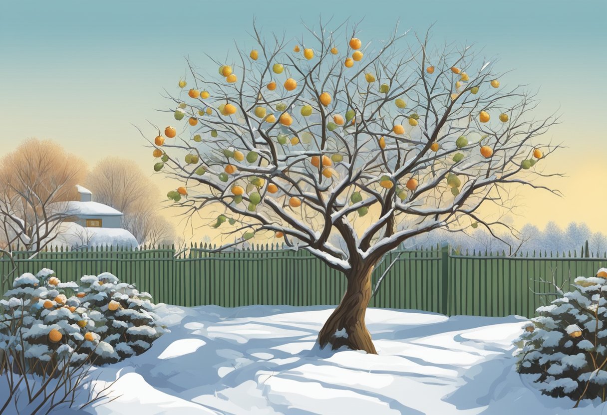 Et frugttræ bliver beskåret i en have i vintermånederne