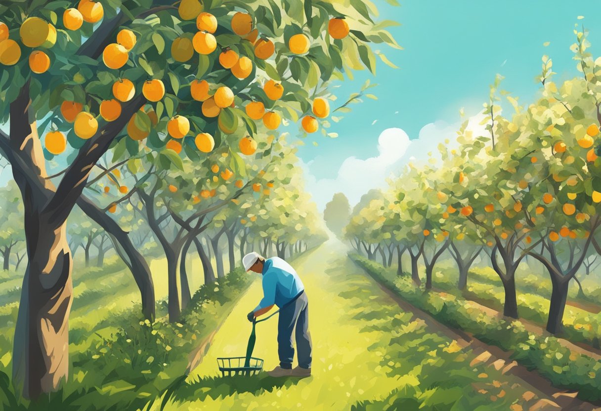 En solrig frugtplantage med forskellige frugttræer, der beskæres ved hjælp af forskellige værktøjer og teknikker, mens en gartner omhyggeligt former grenene.