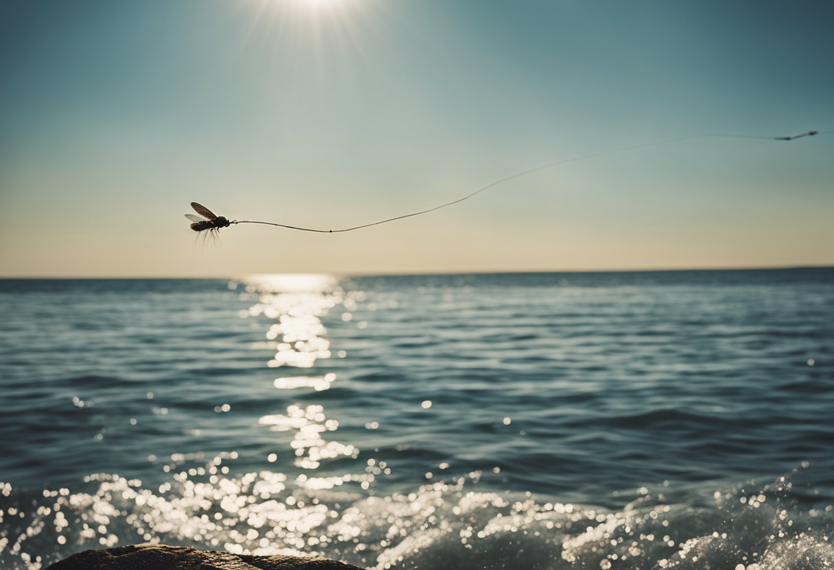 A fly line shooting through the air over a calm, sunlit ocean