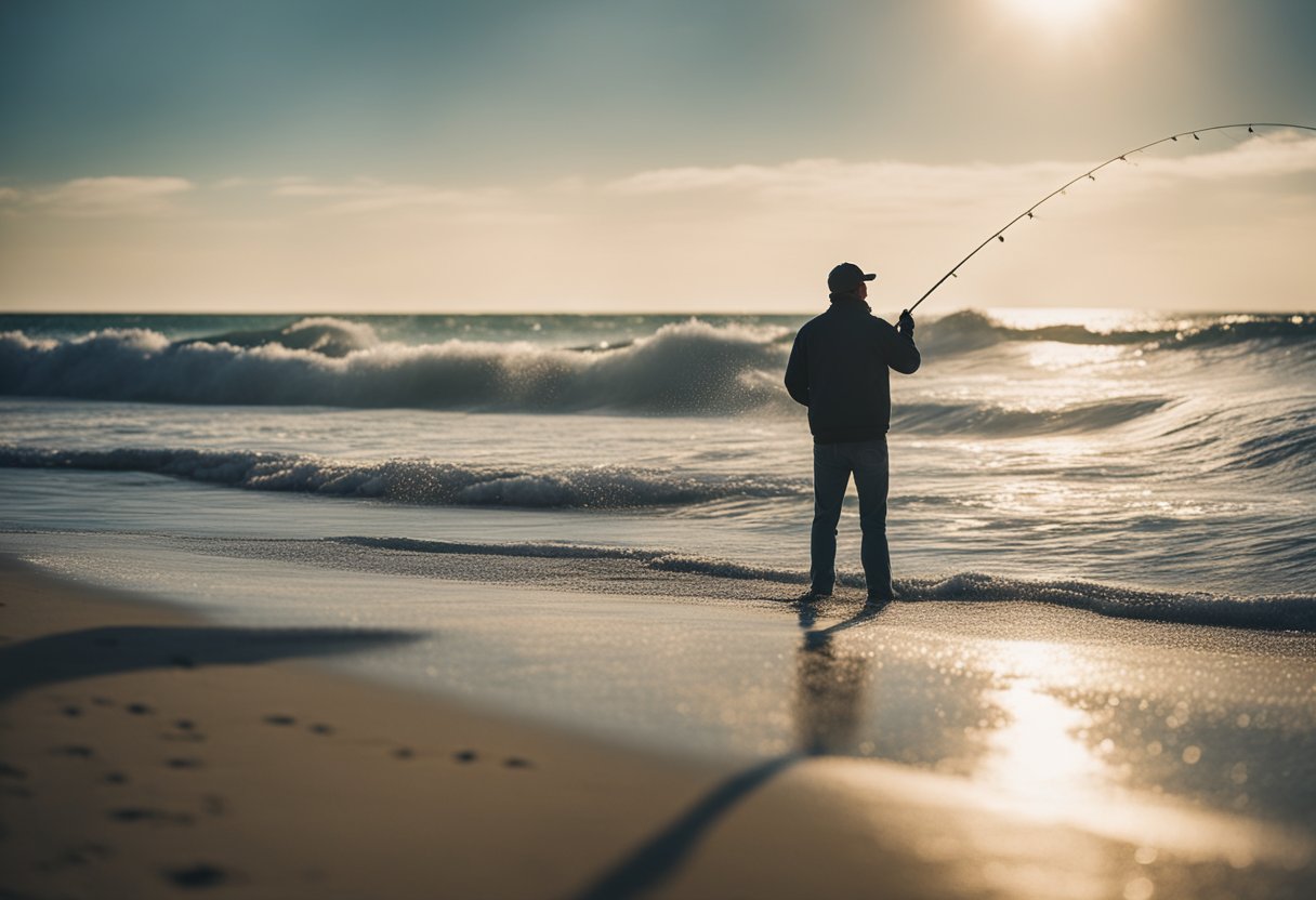 A lone figure stands on a sandy beach, casting a fishing line out into the crashing waves. The shooting taper fly line cuts through the air, propelling the bait far out into the ocean
