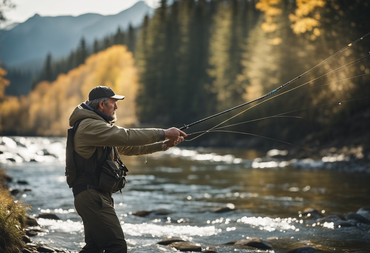 A fly fisherman casting a shooting taper fly line into a rushing river, with steelhead jumping in the background