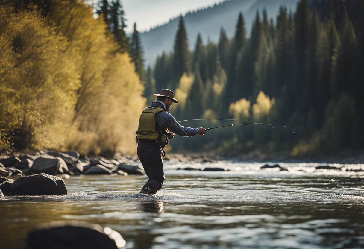 A fly fisherman casting a shooting taper fly line into a rushing river, with steelhead jumping in the background