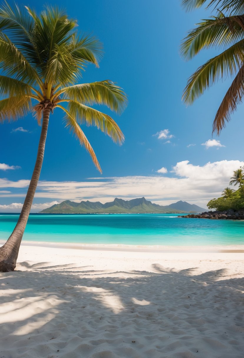 Turquoise waters lap against the white sandy shore of Lanikai Beach, with palm trees swaying in the gentle breeze and the Mokulua Islands in the distance