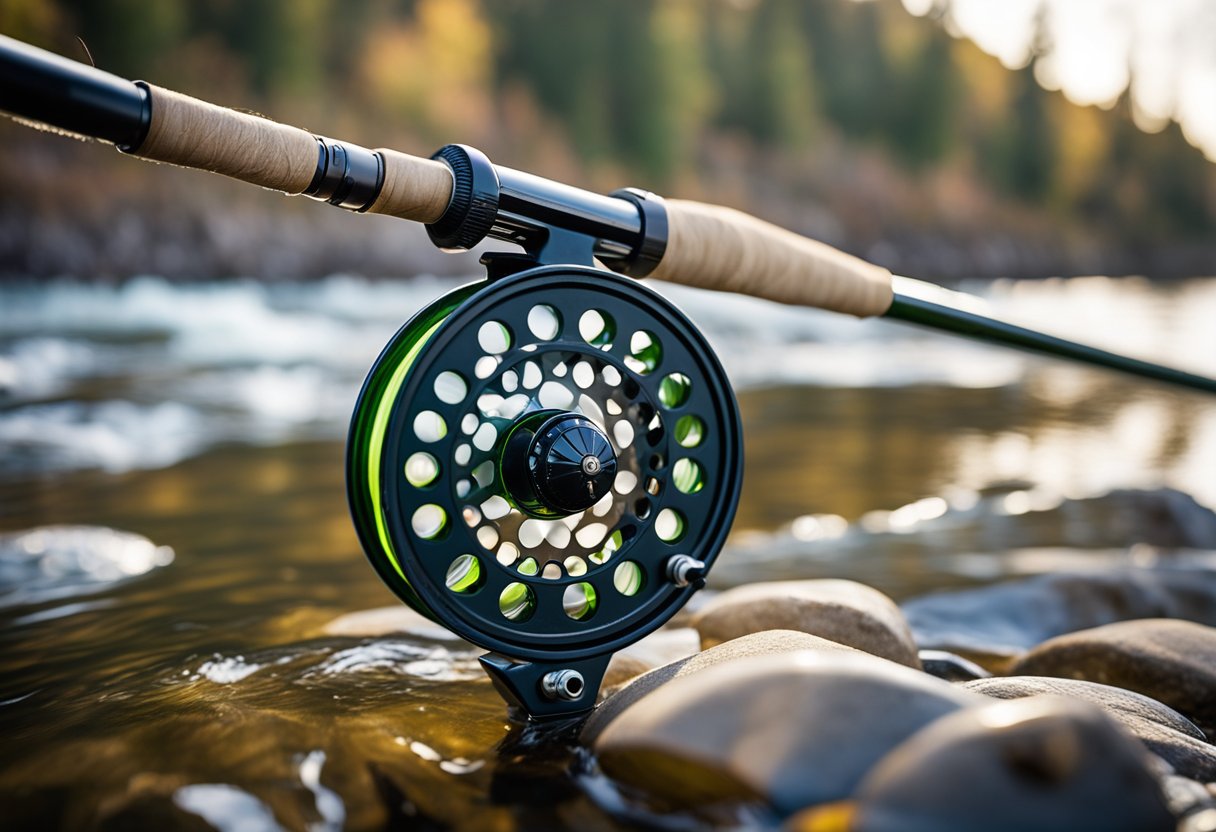A fly fishing rod with a shooting taper fly line being cast into a river with steelhead jumping in the background