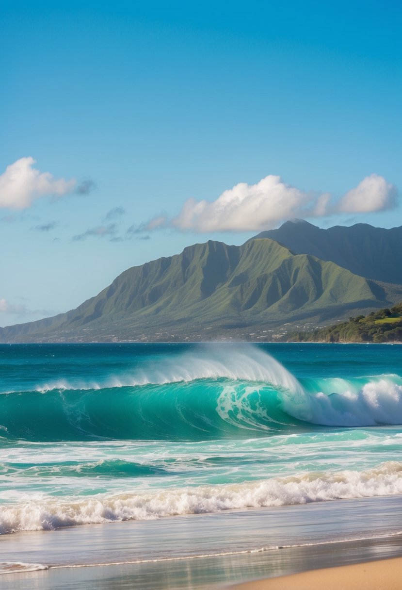 Turquoise waves crash on the golden shore of Waimanalo Beach, framed by lush green mountains under a clear blue sky
