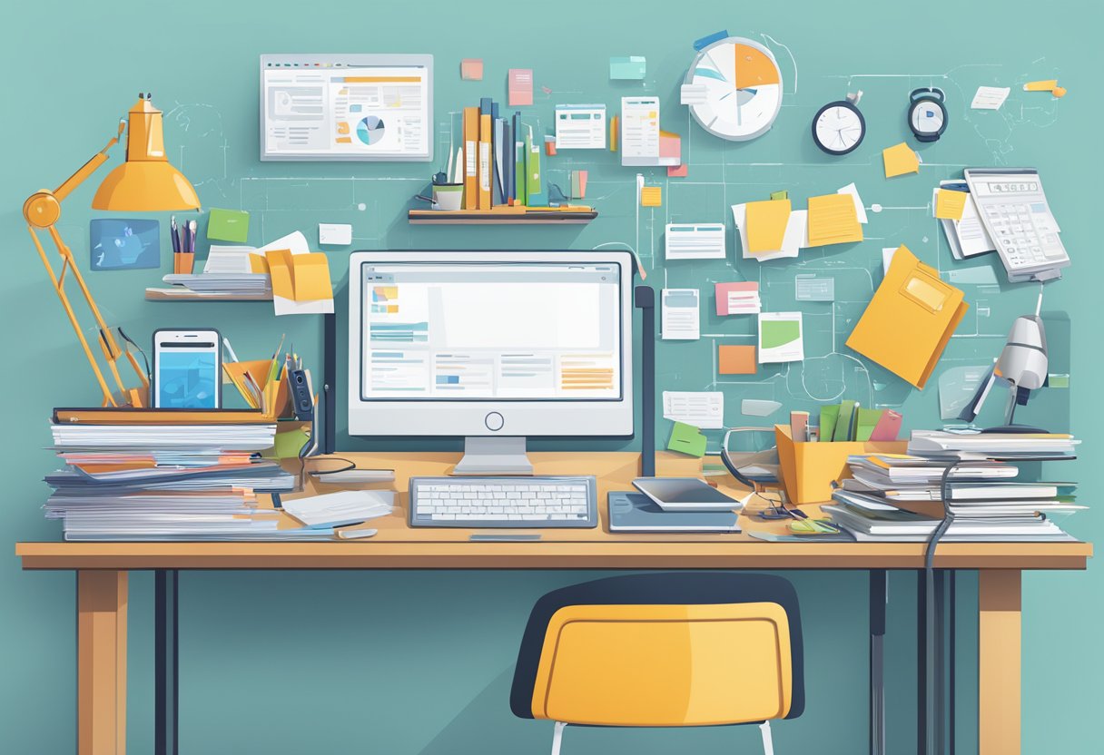 A cluttered desk with a computer, smartphone, and paperwork, while AI tools and automation processes streamline the workflow