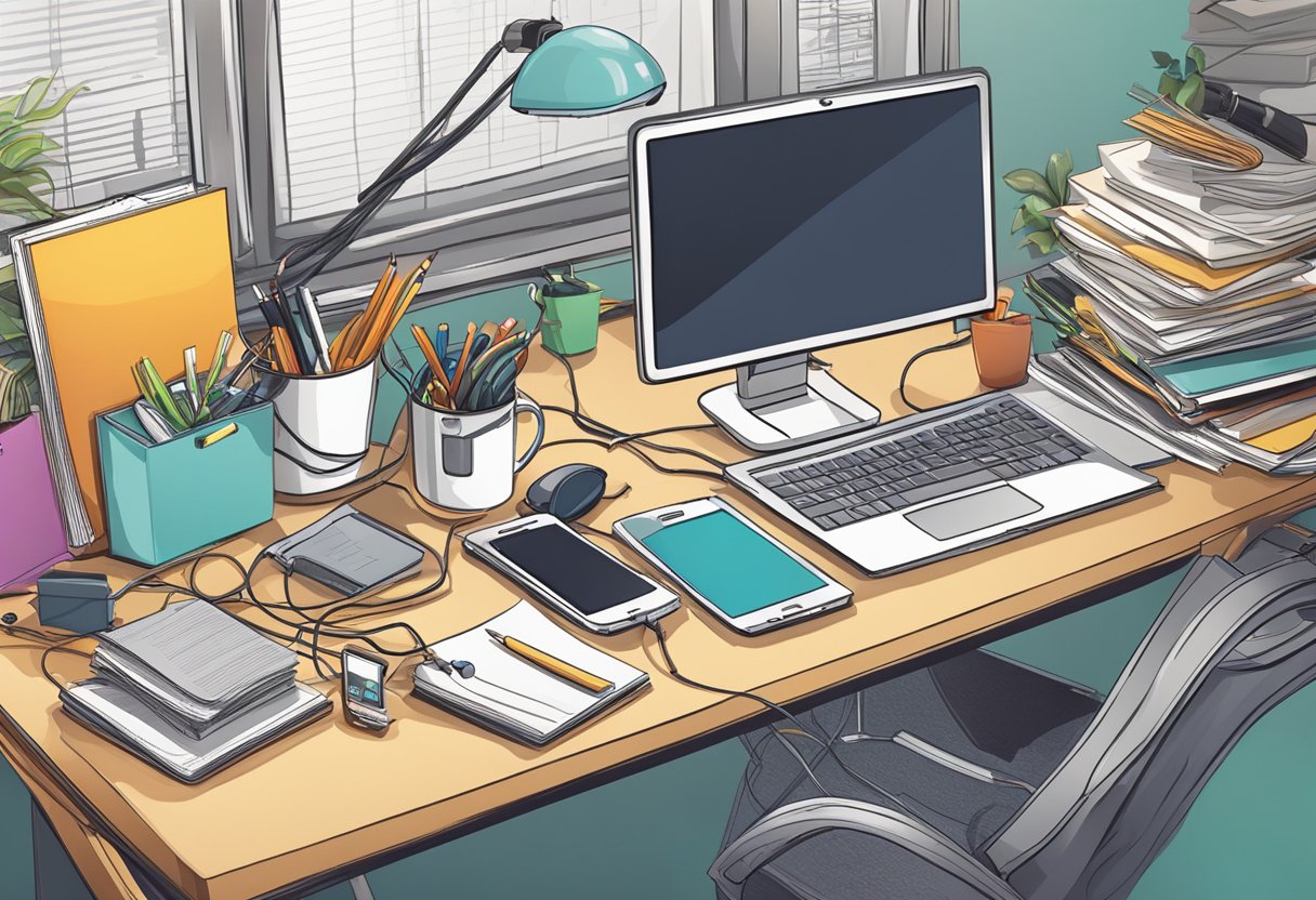A cluttered desk with a laptop, smartphone, and paperwork, surrounded by various office supplies and a tangled mess of cords