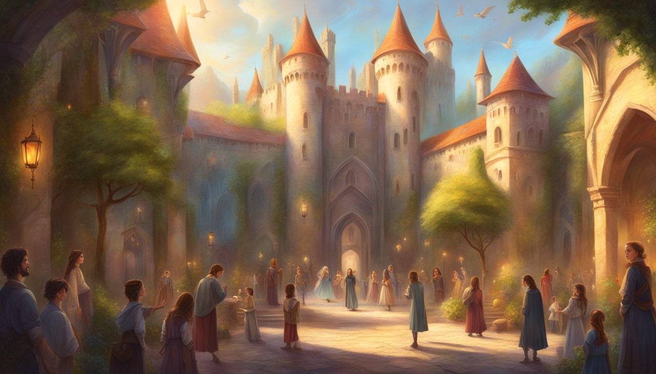 A magical school courtyard with diverse students and teachers, surrounded by towering castle walls and mystical creatures