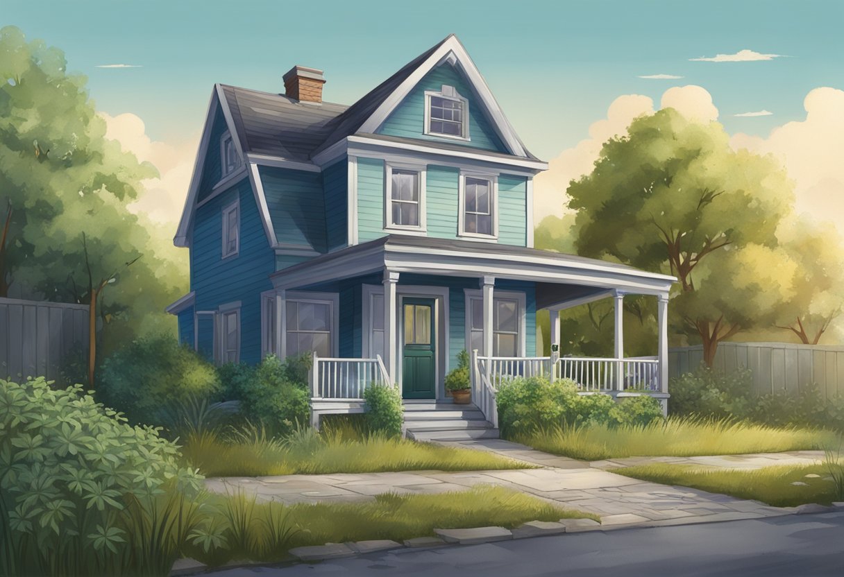 A small, run-down house with a "For Sale" sign in the yard, surrounded by overgrown weeds and a cracked driveway