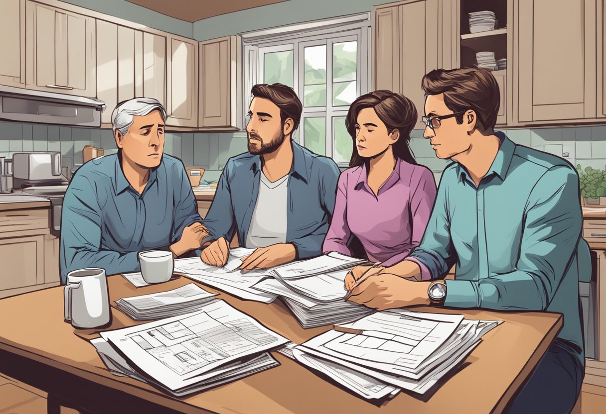 A family sitting at a kitchen table, surrounded by bills and financial documents, thinking about hardship mortgage loans and other options. 