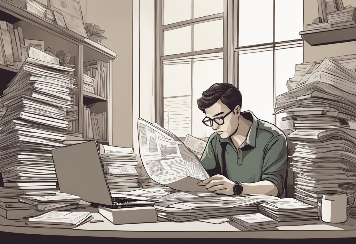 A homeowner sits at a cluttered desk, reviewing paperwork with a concerned expression. A stack of bills and a laptop are nearby