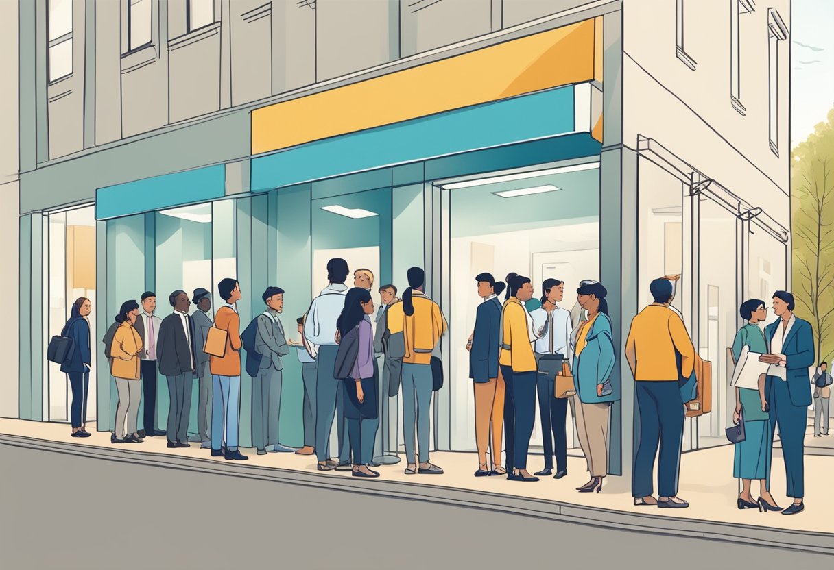 A line of people wait outside a bank, some with worried expressions, while others discuss financial documents with employees inside
