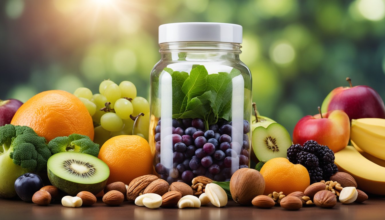 A colorful array of fruits, vegetables, and nuts surrounding a jar of collagen supplements, with a glass of water nearby