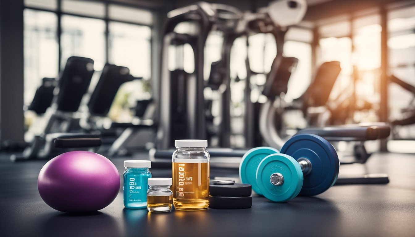 A vibrant gym setting with various fitness equipment and weights, surrounded by images of collagen supplements and healthy muscle diagrams