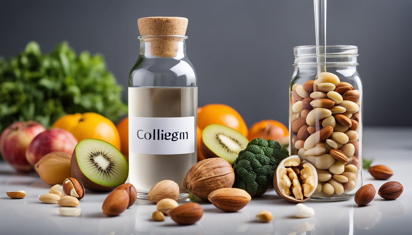A bottle of collagen supplements surrounded by various fruits, vegetables, and nuts, with a measuring scoop and glass of water nearby