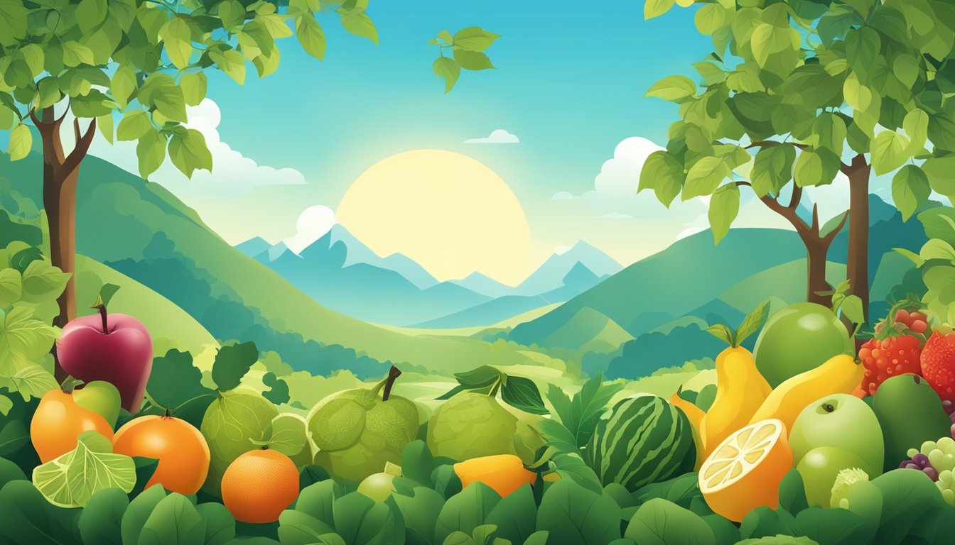 A serene, natural setting with a clear blue sky and vibrant greenery, featuring a variety of fruits, vegetables, and natural sources of collagen