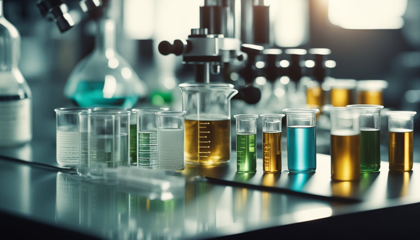 A laboratory setting with beakers, test tubes, and scientific equipment. A researcher examines a microscope slide with collagen supplements