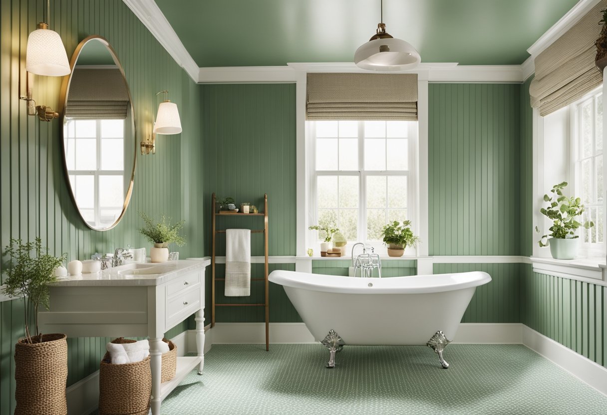 A bathroom with sage green beadboard on the walls, creating a refreshing and inviting atmosphere