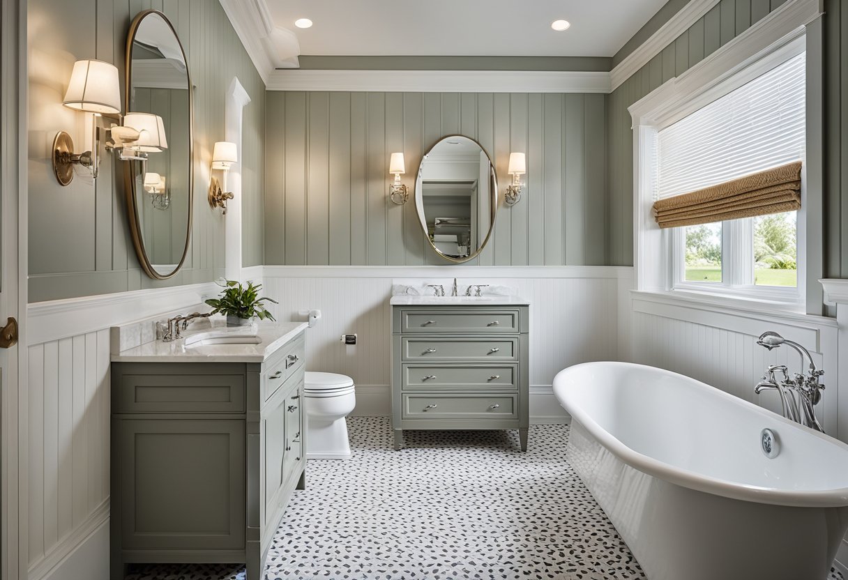 A bathroom with monochromatic beadboard walls, a beadboard ceiling, beadboard cabinet doors, a beadboard bathtub surround, and a beadboard mirror frame