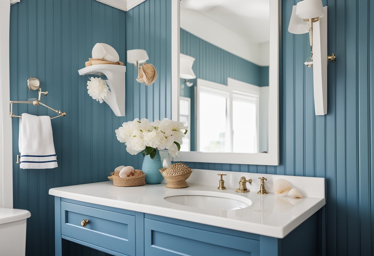 A bathroom with white beadboard walls, a nautical mirror, seashell decor, and a blue and white color scheme