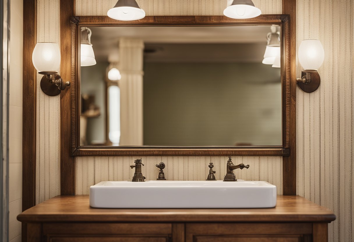 A vintage mirror hangs above beadboard wainscoting in a bathroom, reflecting the rustic charm of the textured wall paneling