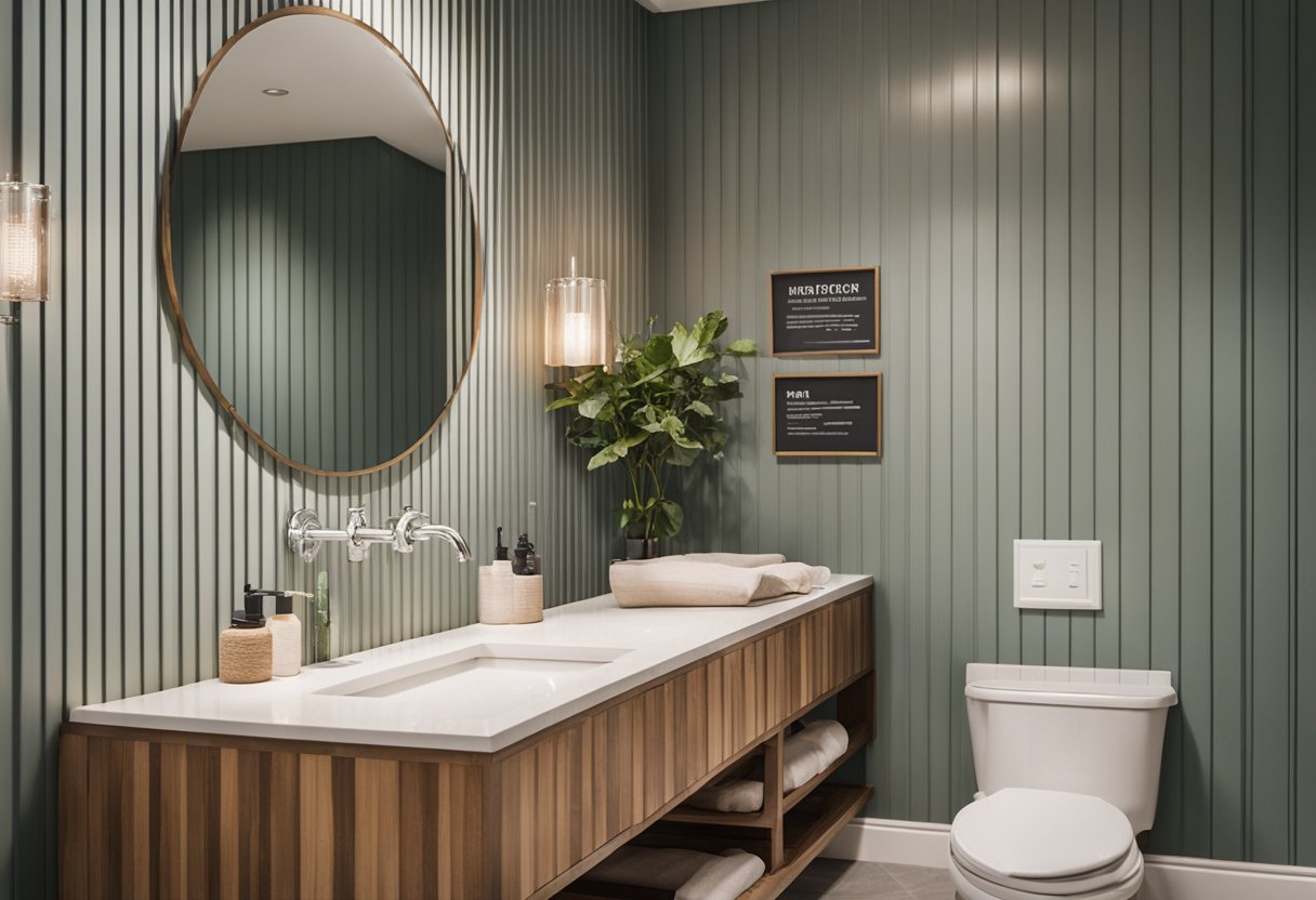 The bathroom features a bold accent wall of beadboard, adding texture and visual interest to the space