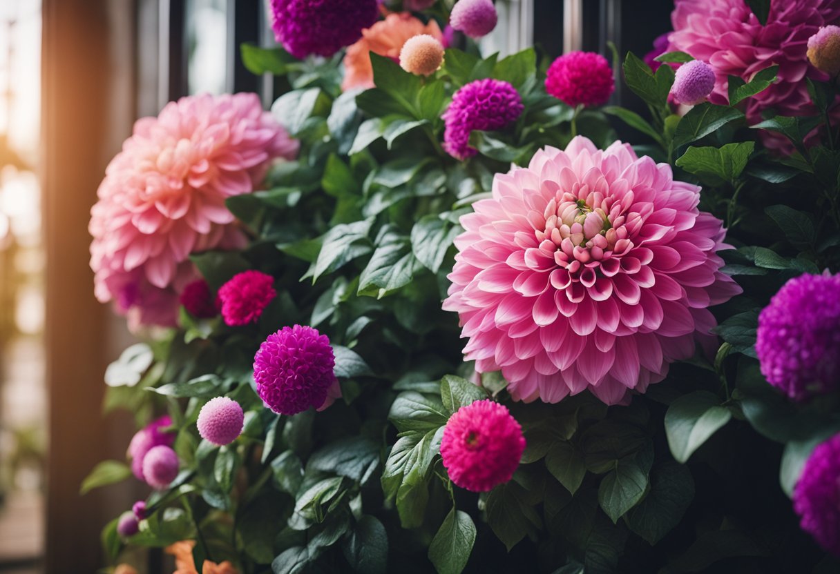 A vibrant, large floral arrangement fills a wall niche, drawing attention with its eye-catching colors and intricate blooms