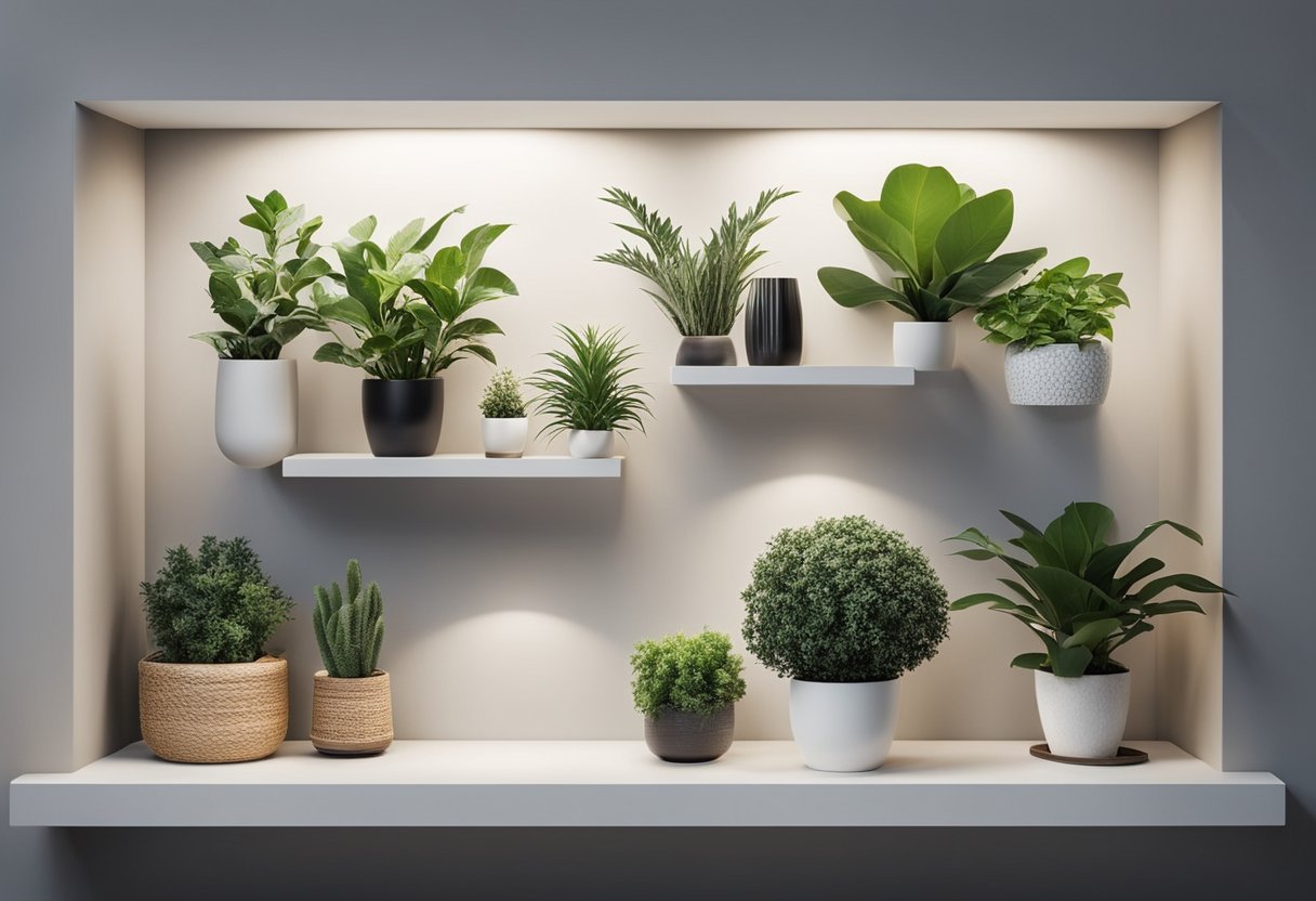 A wall niche with floating shelves showcasing various decorative items and plants