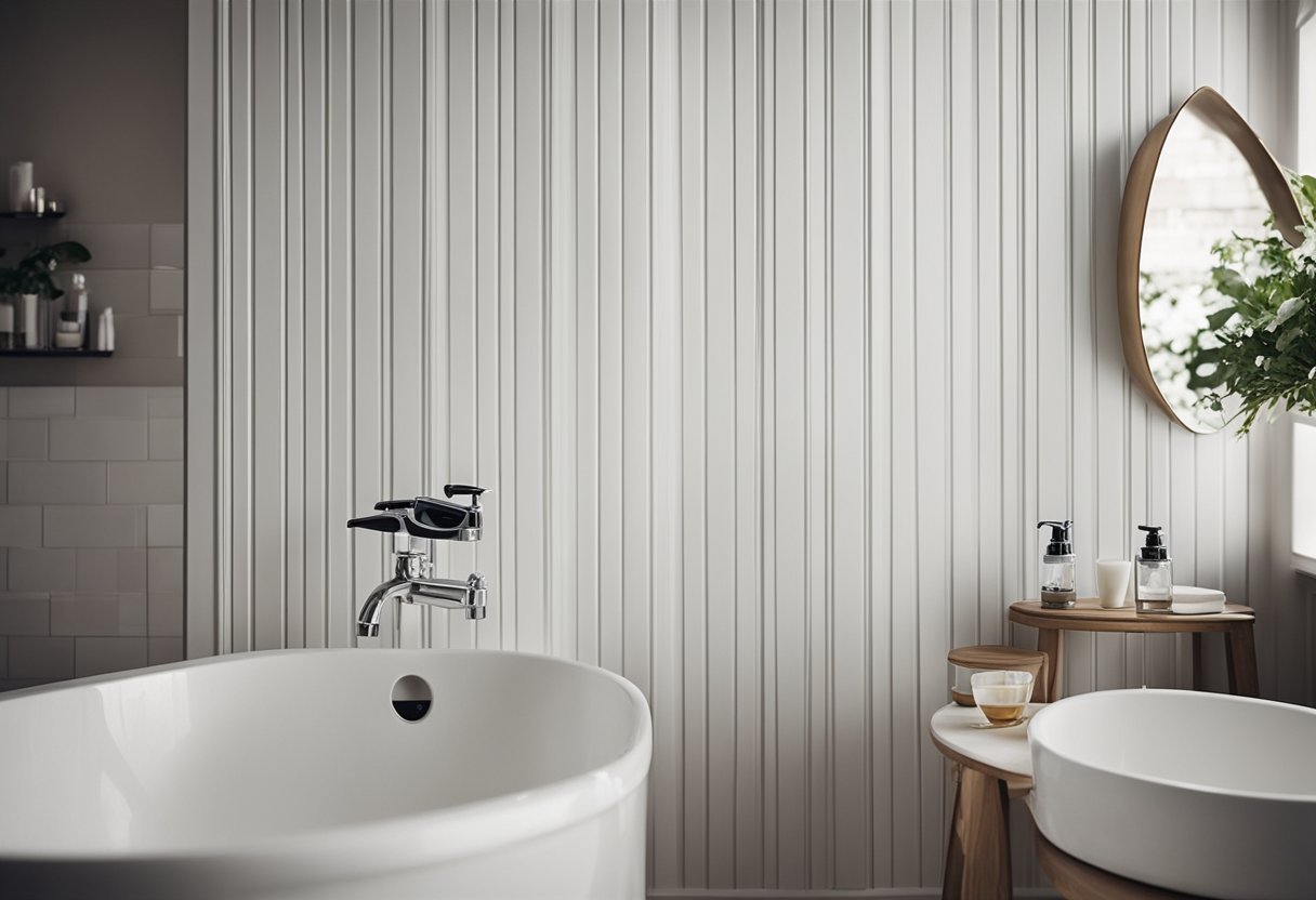 Classic white beadboard panels line the walls of a bathroom, adding texture and charm to the space