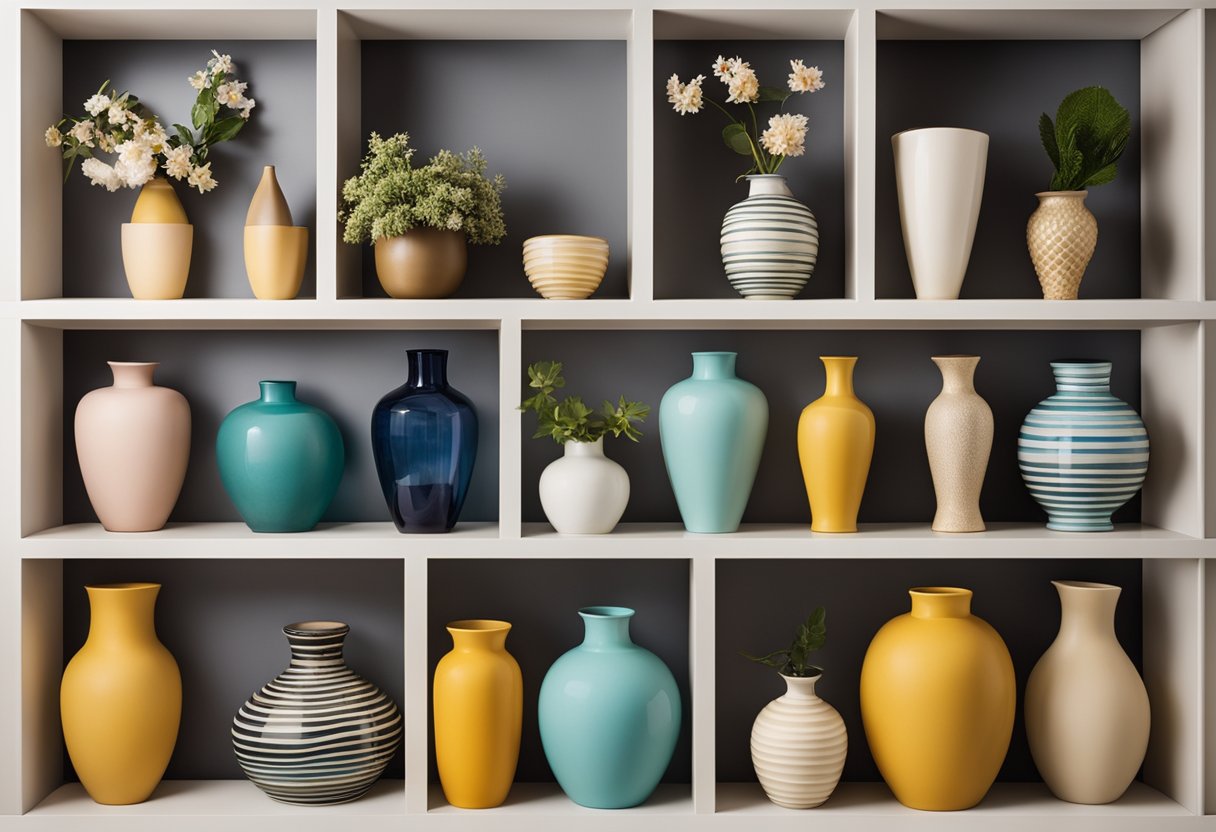 A wall niche adorned with an assortment of stylish vases in various shapes, sizes, and colors, creating an elegant and visually appealing display