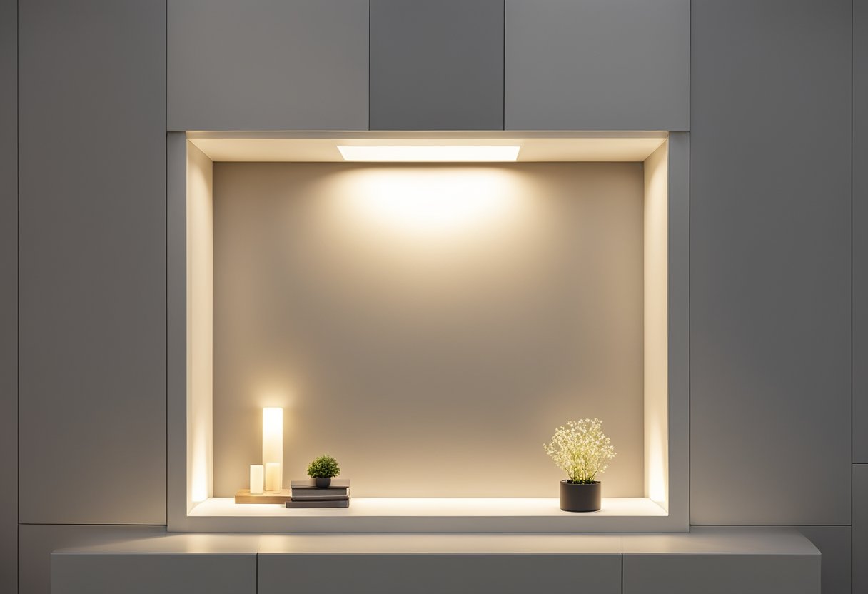 The wall niche is illuminated with recessed lighting, casting a warm and inviting ambience. The niche is decorated with stylish and creative elements, creating a visually appealing and functional space