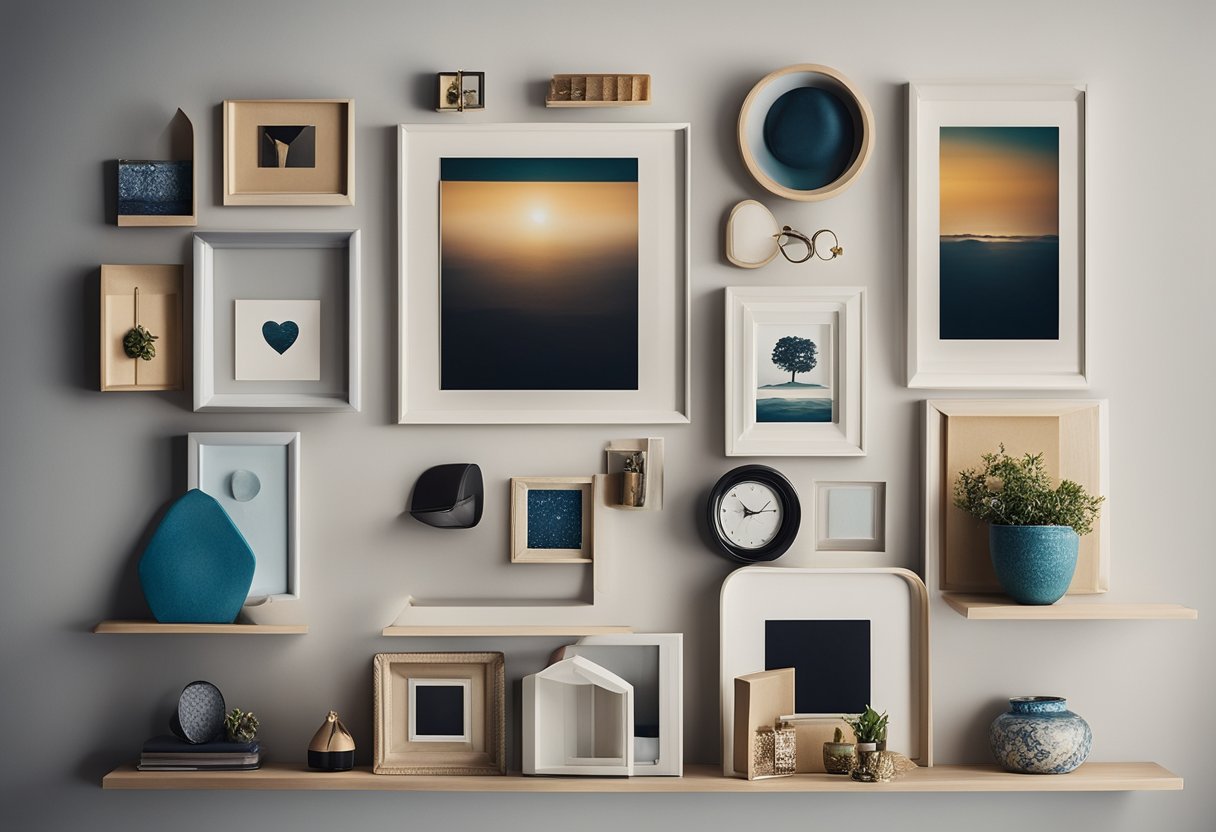 A collection of small framed artworks and decorative objects arranged on a wall niche, creating a mini gallery wall with various shapes and sizes