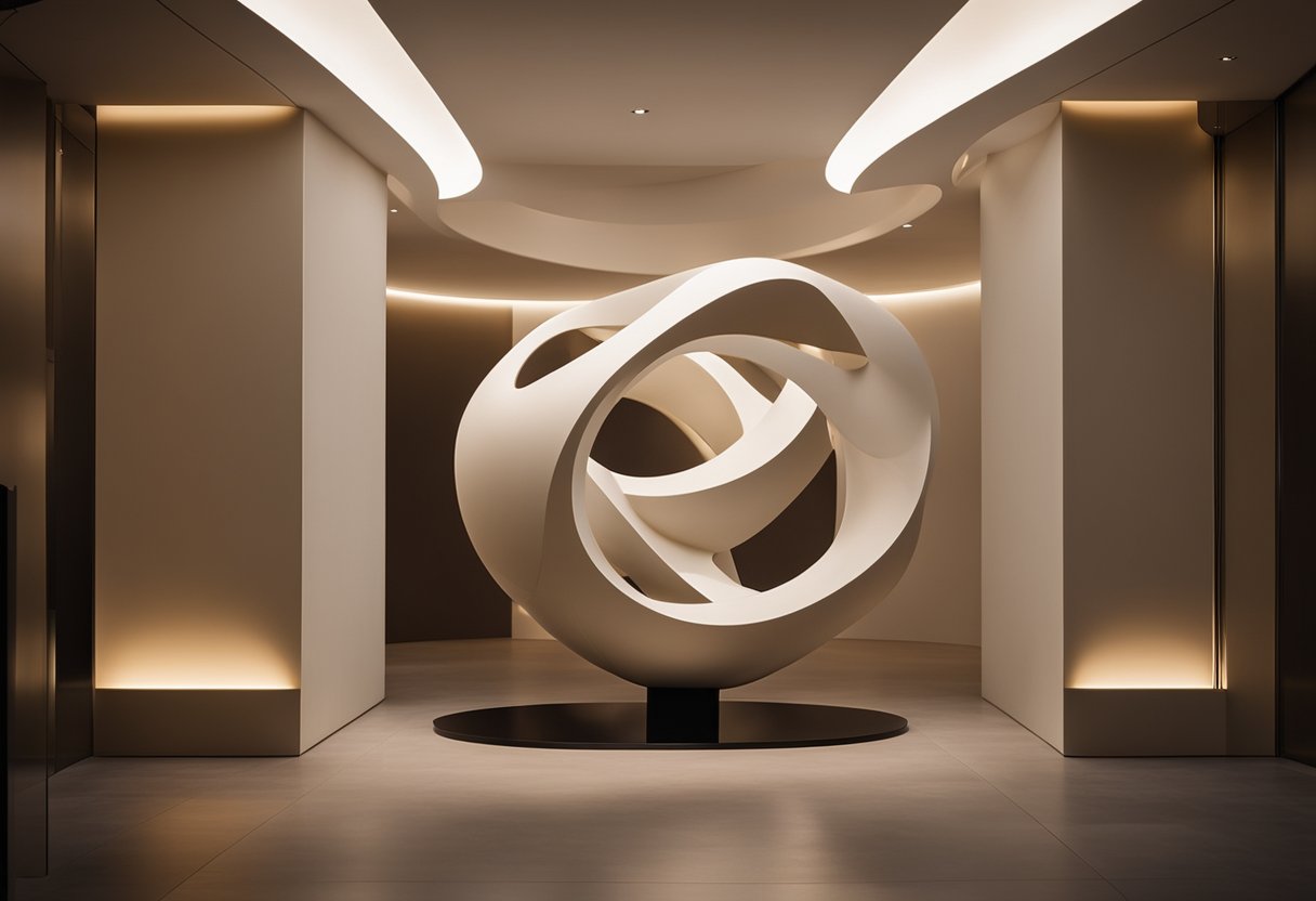 A modern statement sculpture sits in a wall niche, surrounded by sleek decor and accent lighting