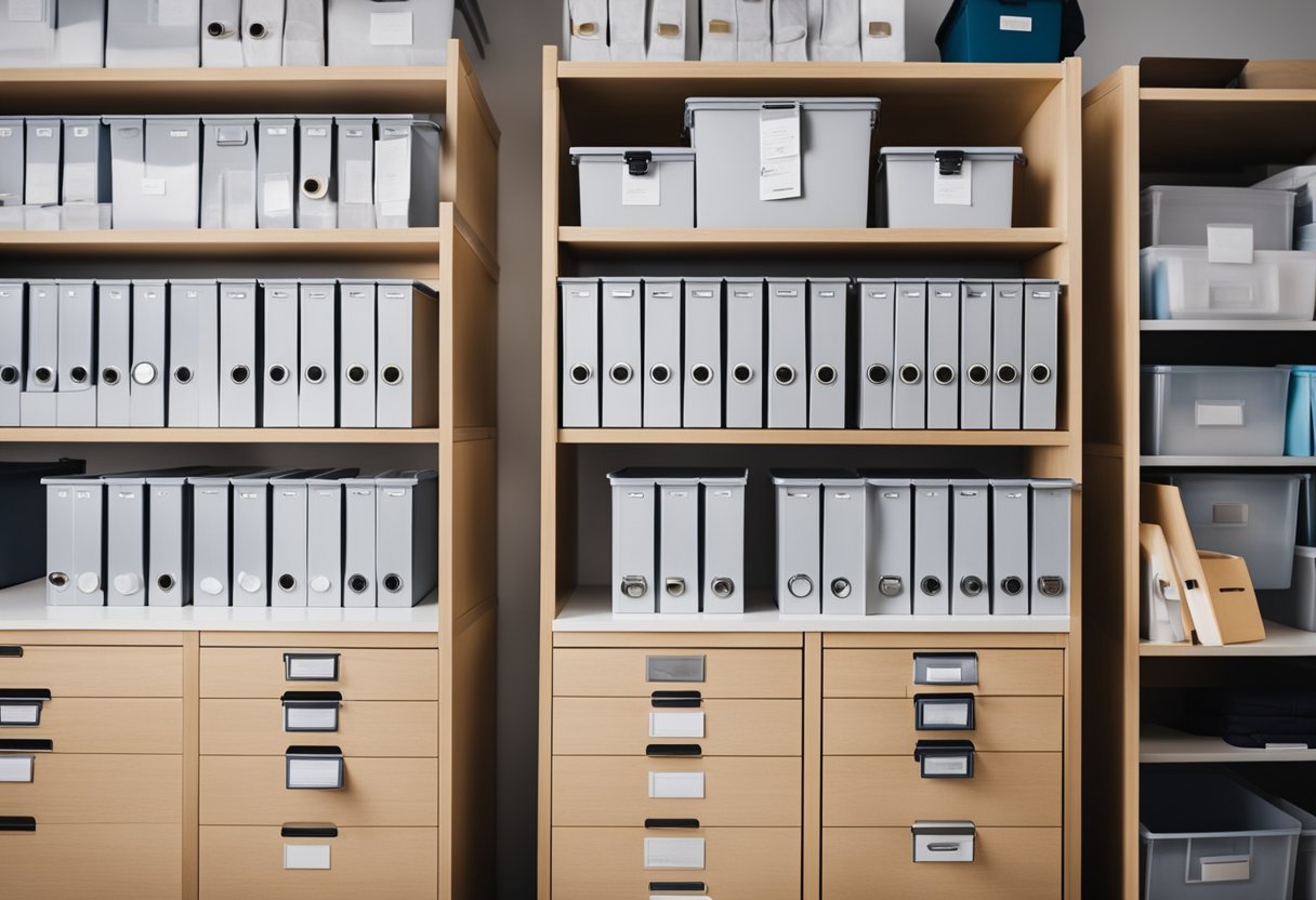 An organized office with labeled storage bins, neatly arranged files, and a clutter-free desk. Adjacent closets with neatly folded clothes, shoe racks, and labeled shelves