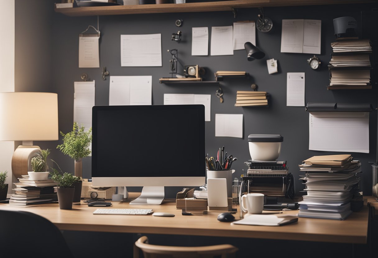 A cluttered desk is cleared, revealing a blank surface. Nearby, organized office and closet items await placement