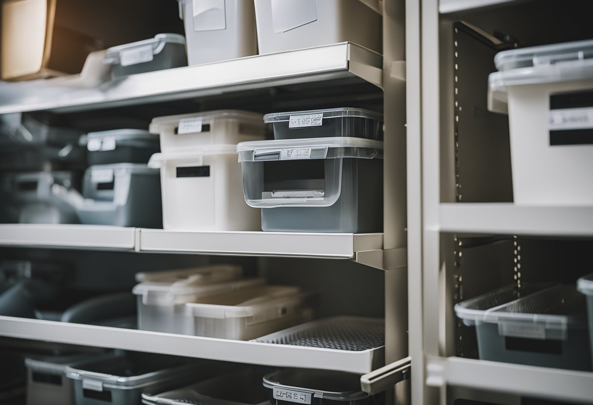 Various office and closet items being sorted into labeled bins