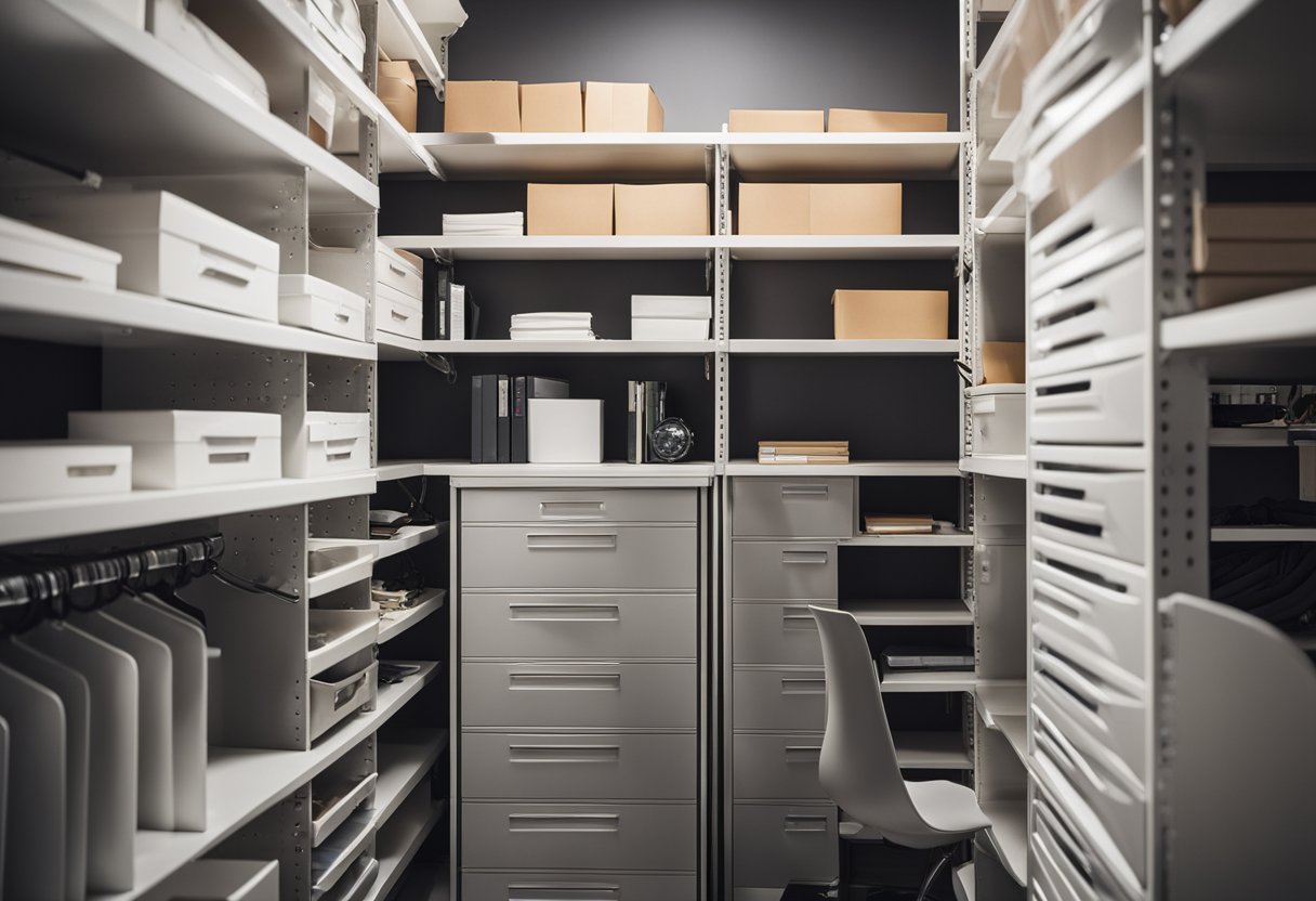 A closet and office space with shelves neatly organized to maximize vertical storage, creating a clutter-free and efficient environment