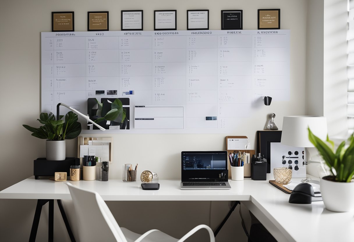 A clean and organized home office with a tidy desk, neatly arranged supplies, and a schedule pinned to the wall