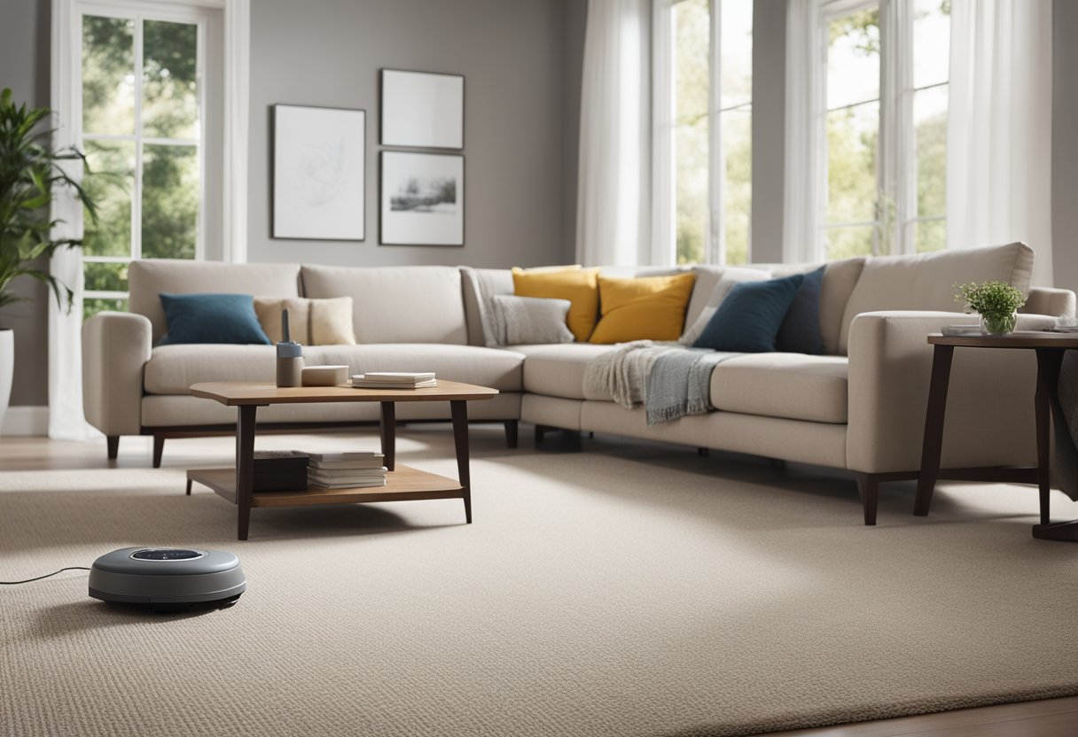 A clean, organized living room with vacuum marks on the carpet, dust-free surfaces, and fresh air circulating through an open window