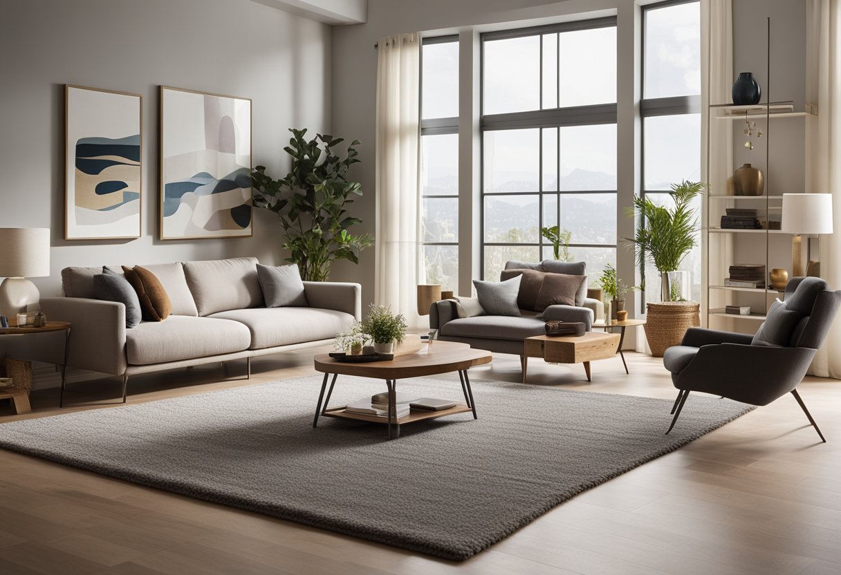 A serene living room with tidy shelves, a vacuumed rug, and neatly arranged furniture, creating a peaceful and stress-free environment
